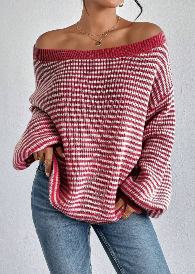 Stylish Green Slash Neck Striped Knit Sweaters Lantern Sleeve