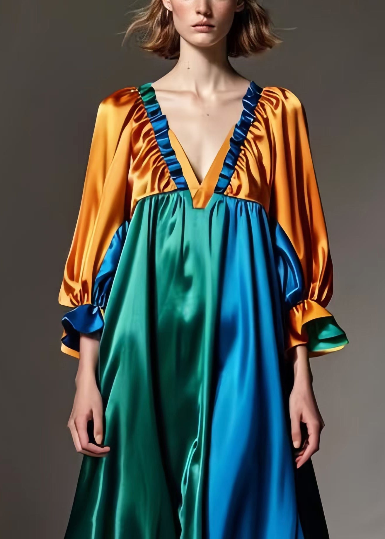 Brown Ruffled Patchwork Draping Silk Dress Spring