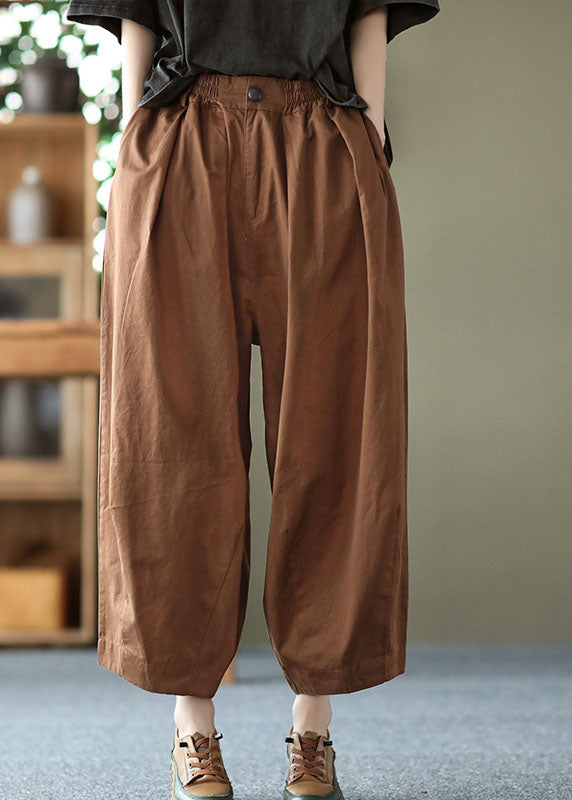 Dark Chocolate Elastic Waist Pockets Cotton Harem Pants Summer