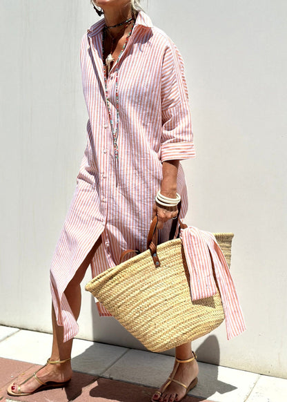 Natural Pink Peter Pan Collar Striped Side Open Button Maxi Dresses Fall