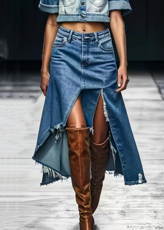 Blue Asymmetrical Side Open Denim Skirts Summer