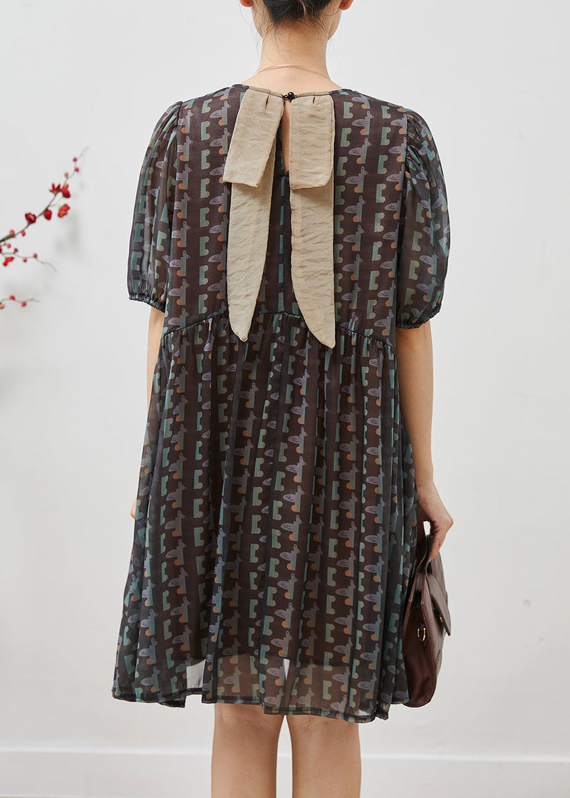 Black Puff Sleeve Print Chiffon Holiday Dress