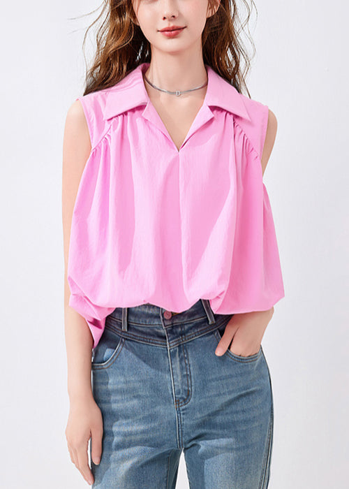 French Pink Peter Pan Collar Cotton Shirt Sleeveless