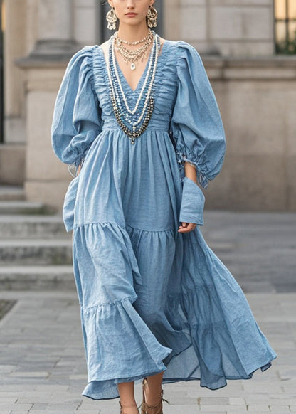 French Blue V Neck Wrinkled Cotton Maxi Dresses Fall
