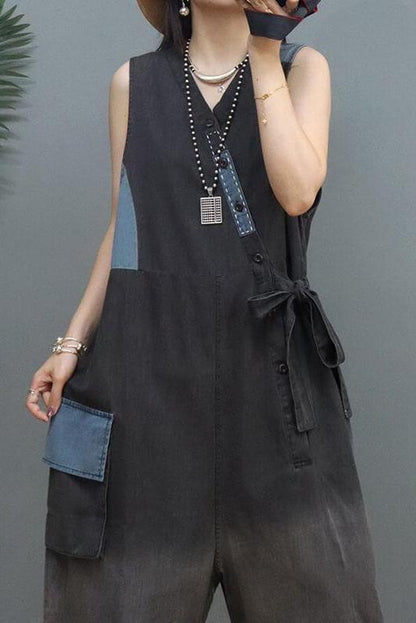 Denim Color Patchwork Patchwork Cinched Sleeveless Jumpsuits Dungarees