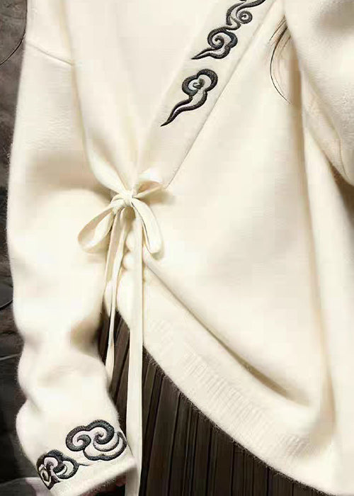 White V Neck Embroidered Lace Up Knit Sweaters Fall