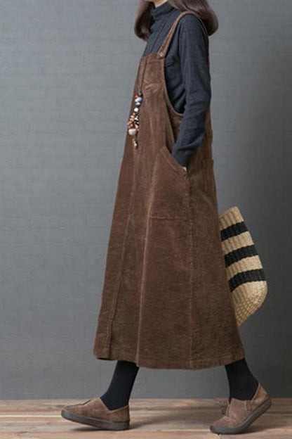 Corduroy Loose Large Pocket Suspenders Dress