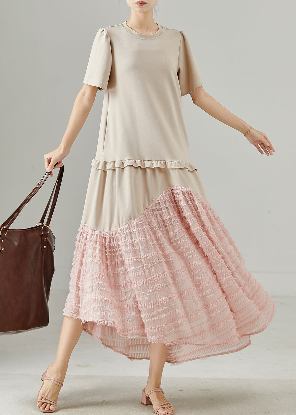 Apricot Ruffled Patchwork Cotton Maxi Dress Summer