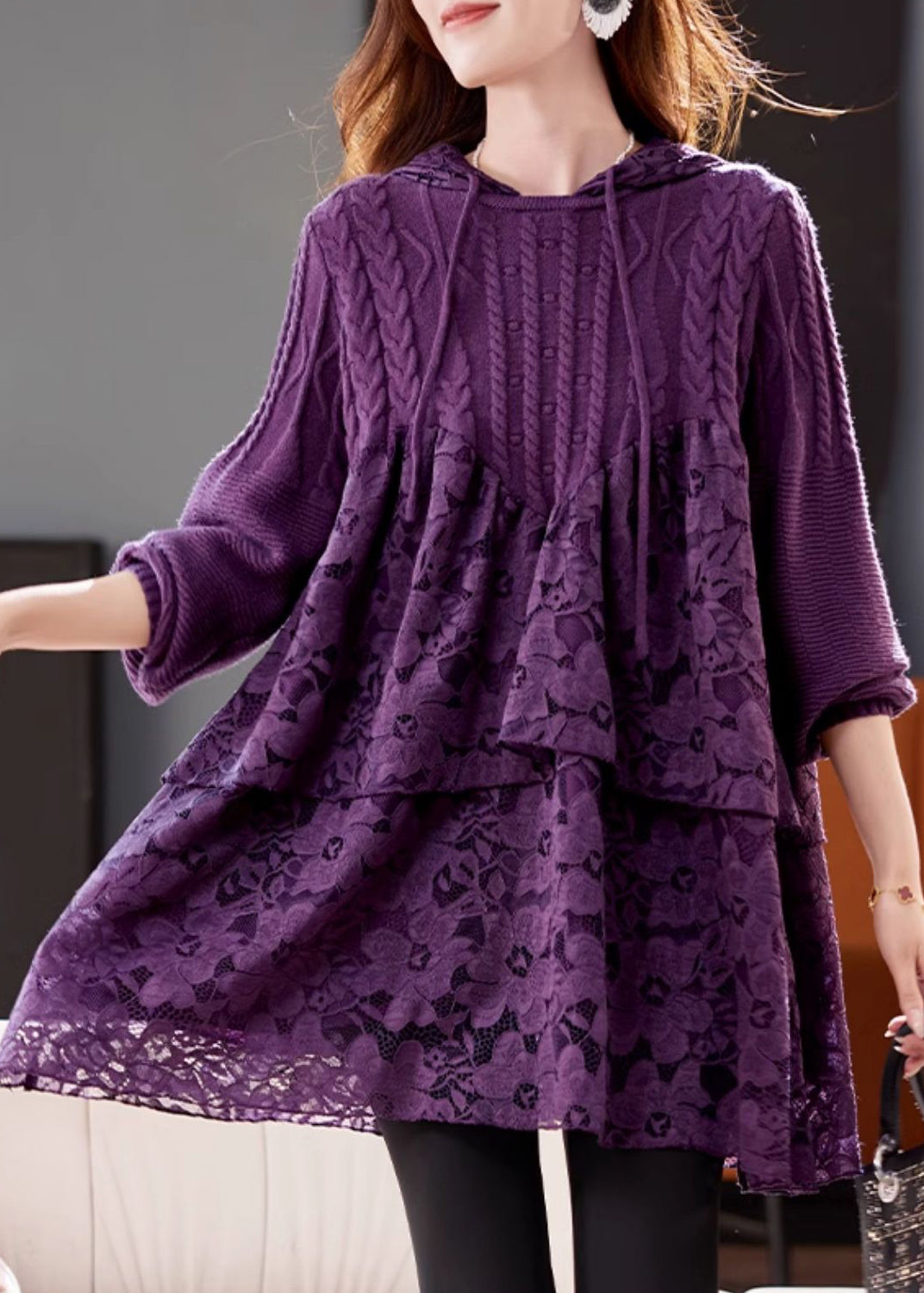 Purple Hooded Lace Patchwork Knit Dresses Winter