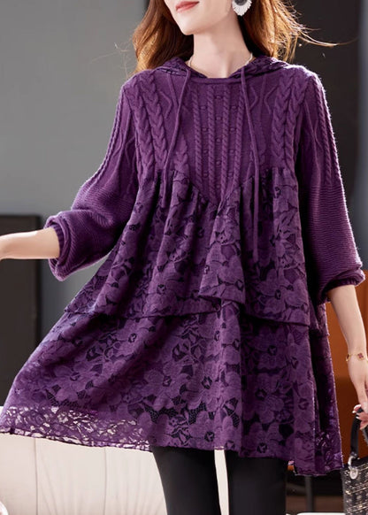 Purple Hooded Lace Patchwork Knit Dresses Winter