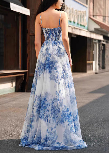 Blue Print Side Open Chiffon Spaghetti Strap Dress Sleeveless