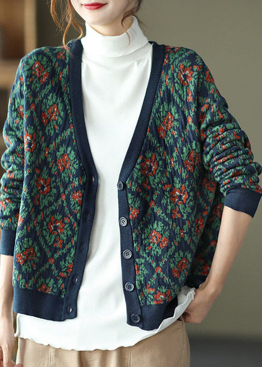 Navy V Neck Print Knit Cardigan Winter