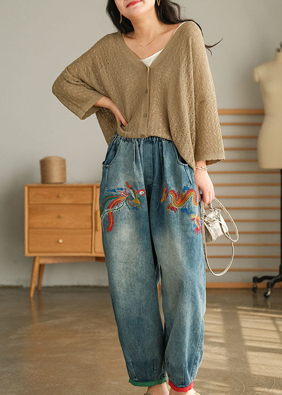 Unique Blue Pockets Embroidered Harem Fall Denim Pants