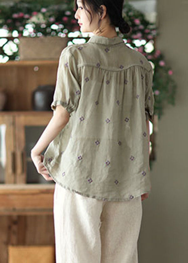 Grey Green Embroidered Linen Shirt Top Short Sleeve