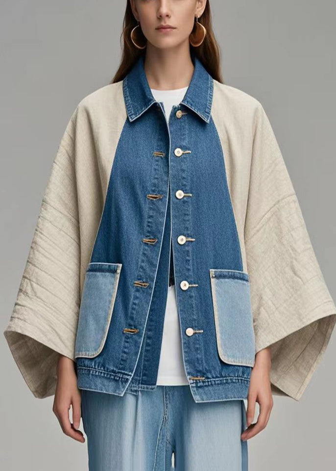 Colorblock Oversized Patchwork Denim Coat Outwear Batwing Sleeve