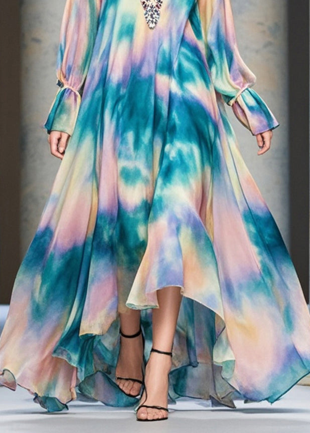 Rainbow Tie Dye Exra Large Hem Chiffon Beach Dress Fall