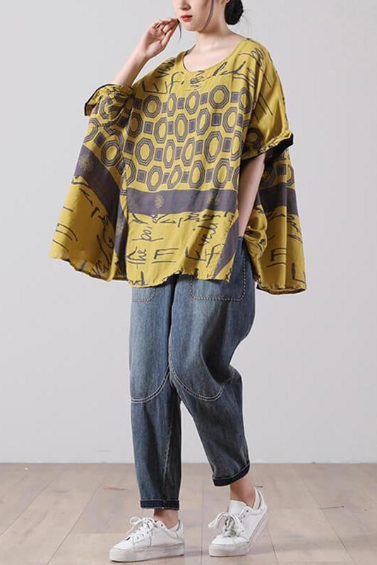 Stitching Print Split O Neck Loose T-shirt
