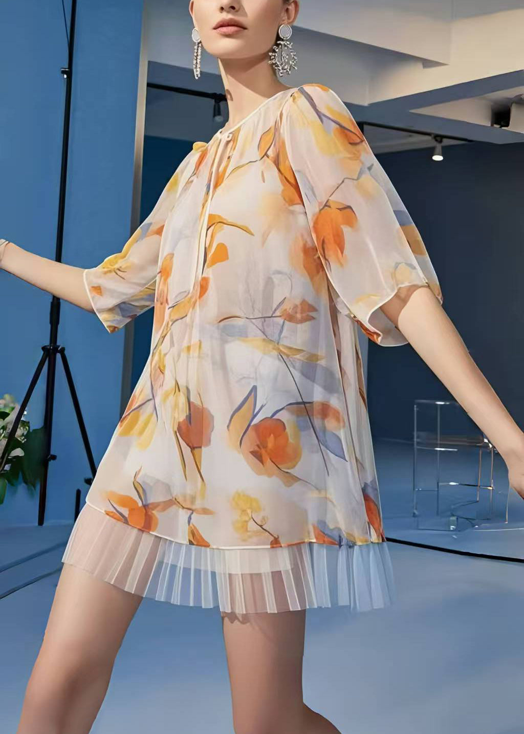 Apricot Print Patchwork Chiffon Mini Dress Summer