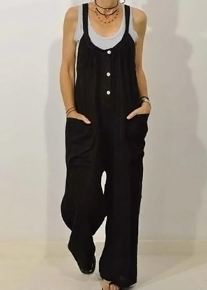 Khaki O-neck Button Jumpsuits Sleeveless