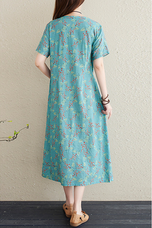 Summer Short Sleeve Printed Dress Neck A-line Dress