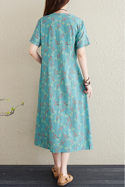 Summer Short Sleeve Printed Dress Neck A-line Dress