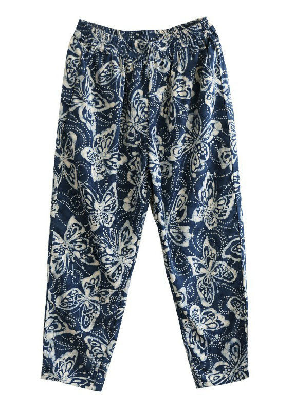 Navy Elastic Waist Print Cotton Crop Pants Fall