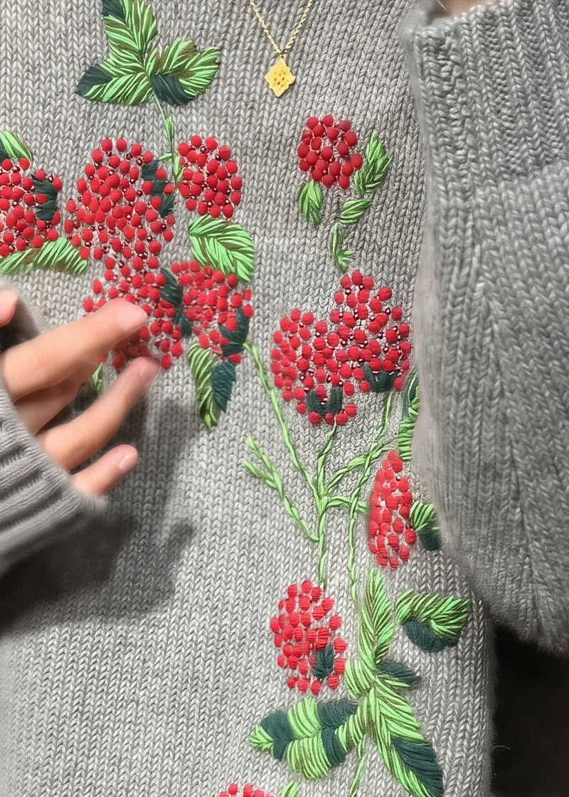 Style Grey O-neck Embroidered Knit Sweaters Fall