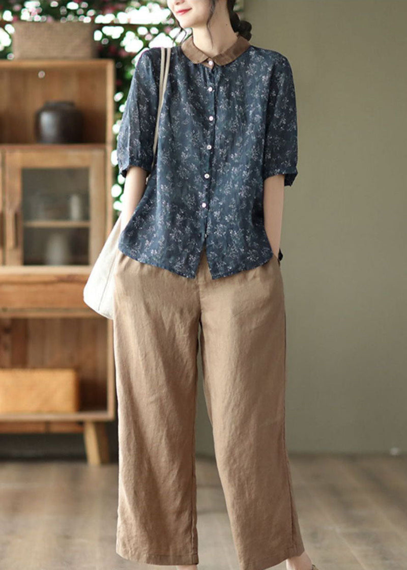 Navy Peter Pan Collar Print Linen Shirts Half Sleeve