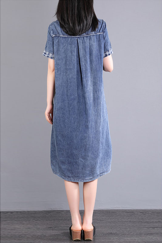- Summer Blue Short Sleeve Long Denim Dress
