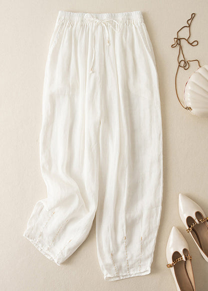 Apricot Pockets Drawstring Linen Crop Pants Summer