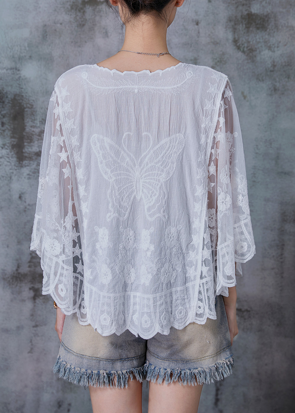 White Embroidered Butterfly Cotton Blouses Summer