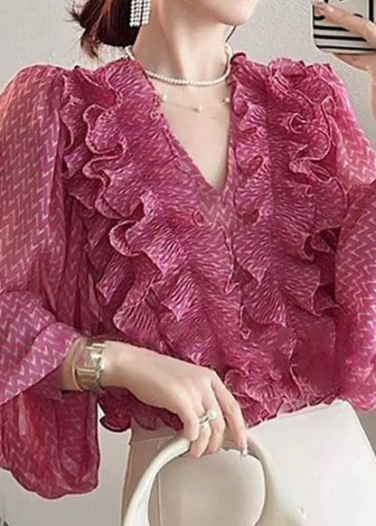 Pink V Neck Ruffled Print Chiffon Shirt Spring