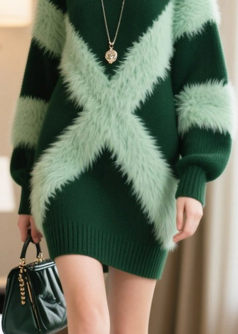 Green Patchwork Faux Fur Knitwear Dress Winter