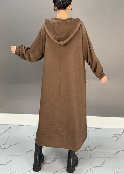 Coffee Patchwork Zippered Hooded Maxi Trench Coat Spring