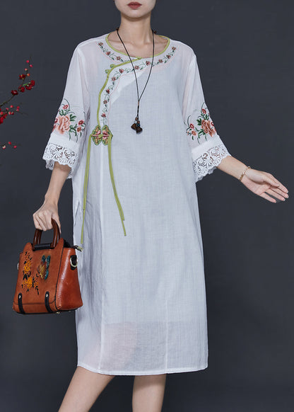White Embroidered Patchwork Linen Oriental Dresses Summer