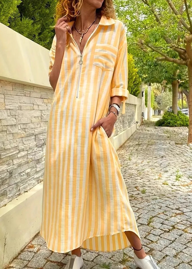 Grey Peter Pan Collar Striped Cotton Dresses Fall