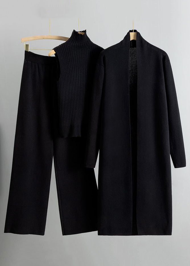 Autumn New Caramel Knitted Cardigan and High Neck Sweater and Wide Leg Pants Three Piece Set