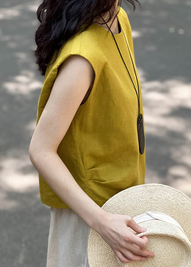 Simple Yellow O Neck Linen Top Sleeveless