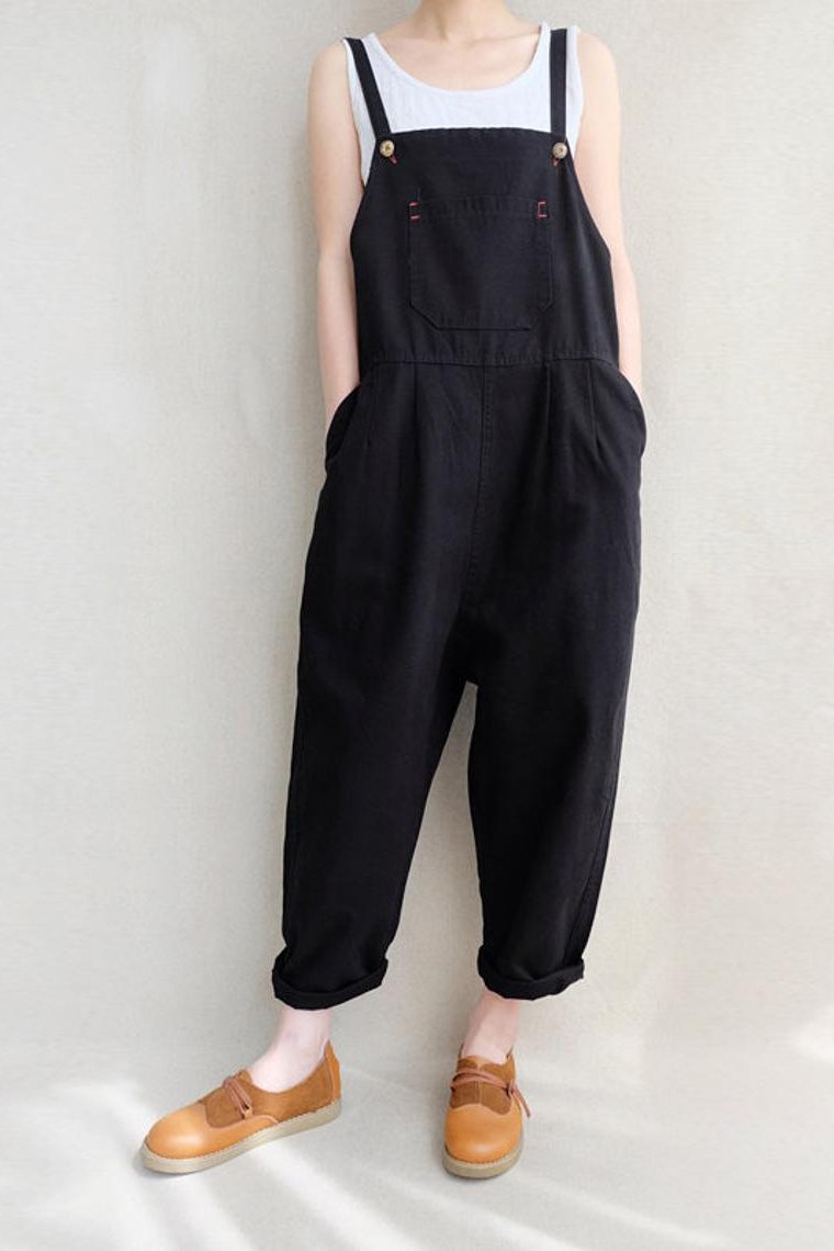 Leisure Cotton Jumpsuits Comfortable Dungarees Wide Leg Pants Overalls With Pockets