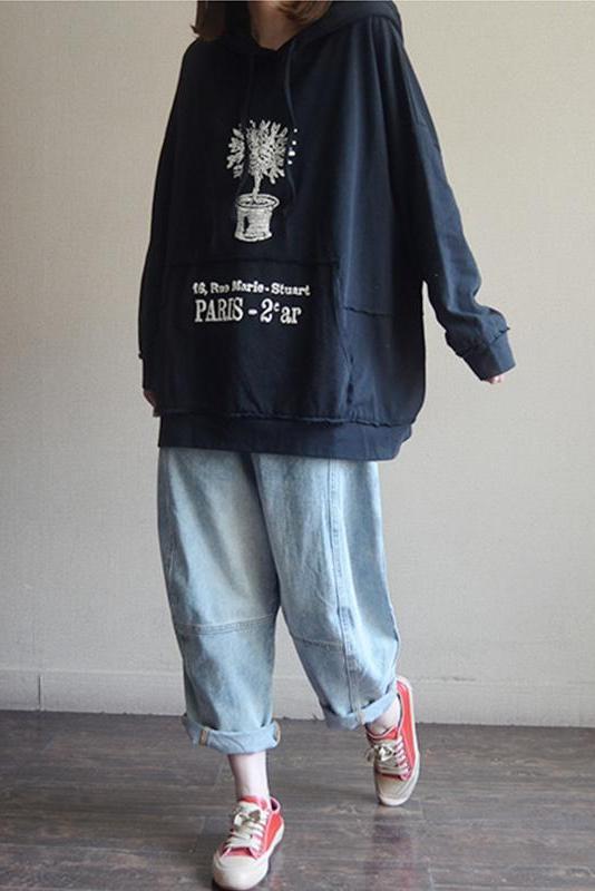 Plant Print 100% Cotton Hooded Spring Sweatshirt