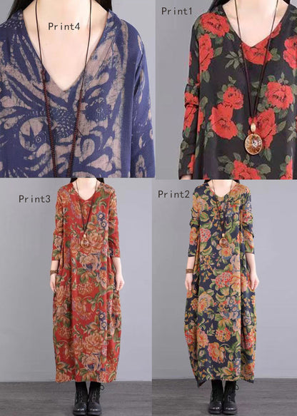 Print V Neck Patchwork Cotton Long Dress Fall