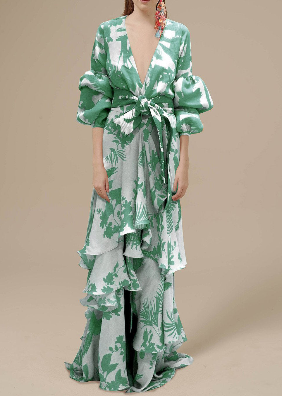 Orange V Neck Asymmetrical Designprint Chiffon Dress Spring