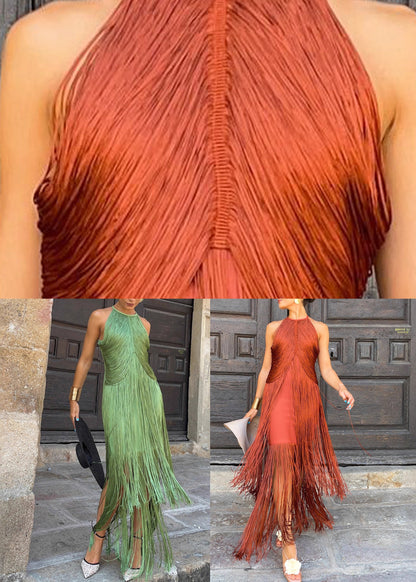 Green Tassel Patchwork Maxi Spaghetti Strap Dress Sleeveless
