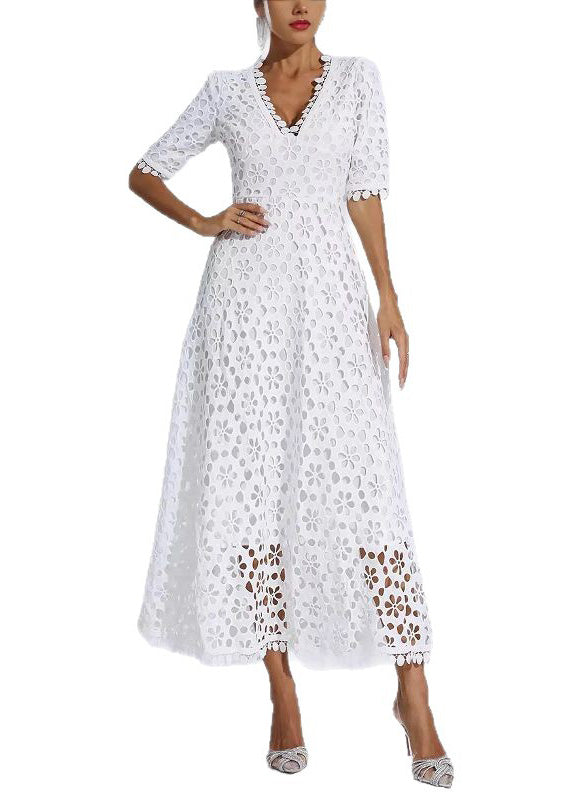 White V Neck Hollow Out Lace Dress Summer