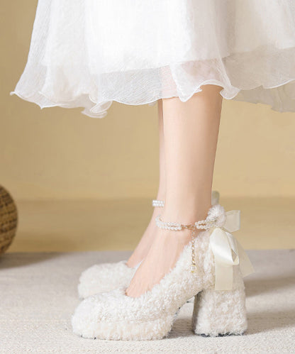 Beige Faux Fur Chunky High Heels Splicing Fuzzy Wool Lined