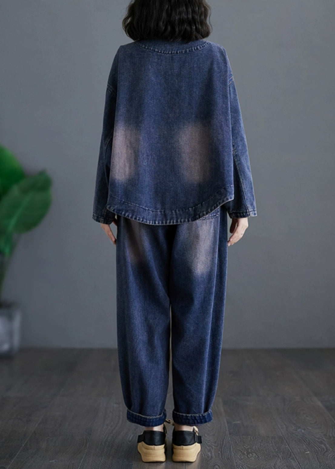 Navy V Neck Patchwork Denim Coats and Harem Pants Two Pieces Sets Long Sleeve