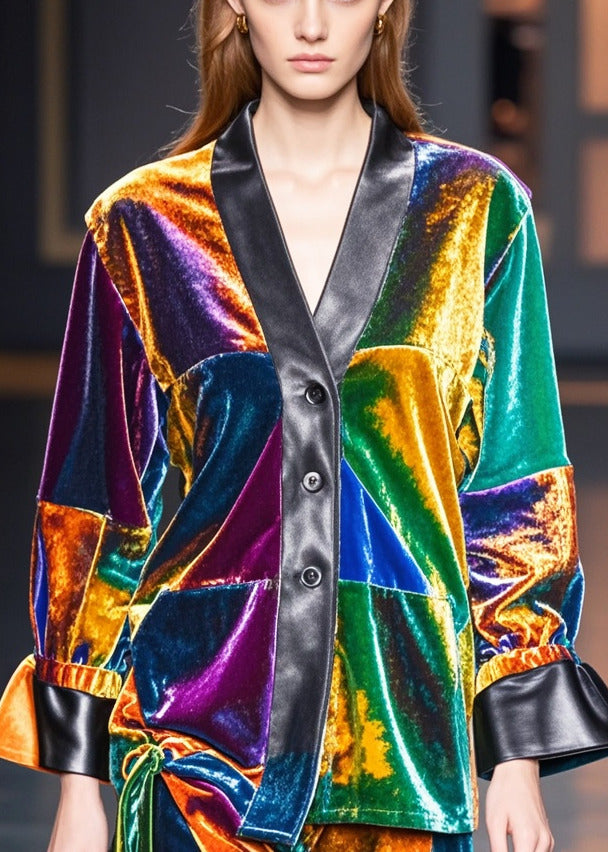 Multicolou V Neck Patchwork Silk Velour Coats Fall