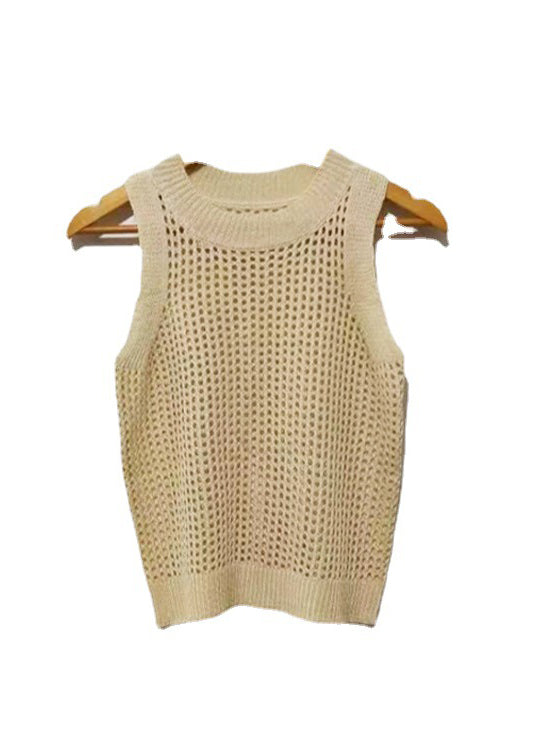 Style Beige O Neck Hollow Out Ice Silk Knit Tops Sleeveless