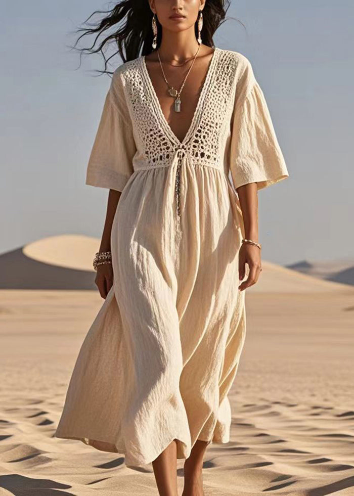 Apricot Hollow Out Cotton a Line Dress Summer