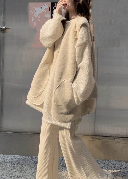 Beige O-neck Thick Cotton Knit Waistcoat Sweaters and Trousers Three Piece Set Winter